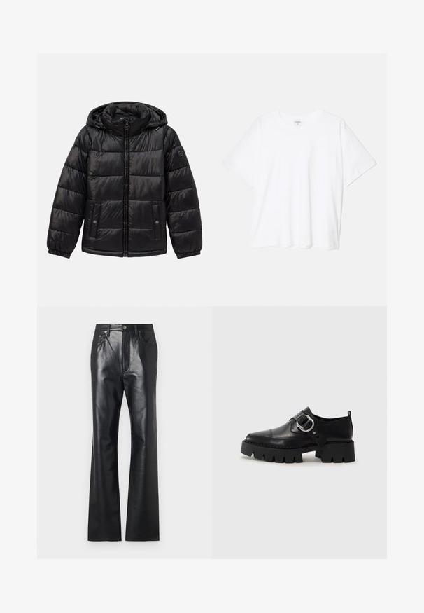 Crna jakna s kvačicama, s kapuljačom, zatvaranjem na patentni zatvarač, džepovima na dugmad, elastičnim manžetama i logotipom na lijevom rukavu.; Bijela pamučna majica s kratkim rukavima, okruglim izrezom, opuštenim krojem i šivenim rubom. Etiketa je vidljiva na unutarnjoj strani vrata.; Crne kožne hlače s glatkom teksturom, krojem s flared nogavicama, prednjim patentnim zatvaračem i petljama za remen. Imaju suptilne detalje šivanja.; Crne kožne cipele s debelim, rebrastim potplatom, koje imaju okrugli srebrni detalj i minimalne šavove.