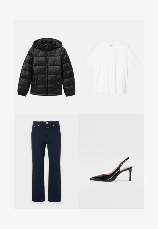 Svart vadderad pufferjacka med huva, dragkedja, knappfickor, elastiska ärmslut och logotypk patch på vänster ärm.; Vit bomull t-shirt med kort ärm, rund halsringning, avslappnad passform och söm i nederkant. Etikett synlig på insidan av halsen.; Mörkblå bomullsjeans med rak passform, med fem fickor, dragkedja och metallknapp. Slät textur med sömdetaljer.; Svart patenterat läder slingback pumps med spetsig tå, smal klack och en subtil utskärning. Har en guldbuckle på remmen.