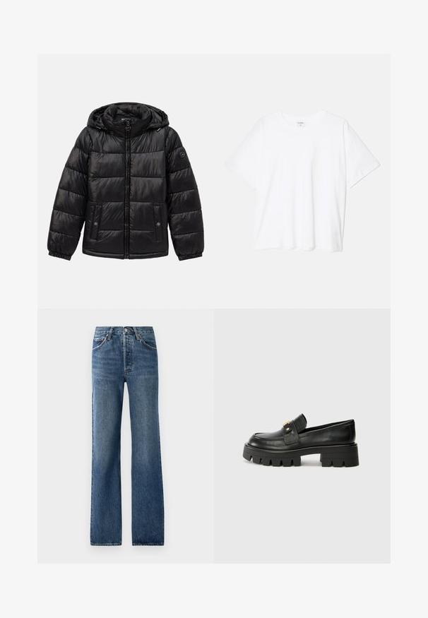 Crna jakna s kvačicama, s kapuljačom, zatvaranjem na patentni zatvarač, džepovima na dugmad, elastičnim manžetama i logotipom na lijevom rukavu.; Bijela pamučna majica s kratkim rukavima, okruglim izrezom, opuštenim krojem i šivenim rubom. Etiketa je vidljiva na unutarnjoj strani vrata.; Plave traperice s ravnim krojem, s pet džepova, zatvaranjem na gumb i svijetlim izblijeđenjima uz blagu teksturu.; Crne kožne loafersice s debelim potplatom, s zlatnim akcentom sprijeda i glatkim završetkom. Debeli uzorak na potplatu.