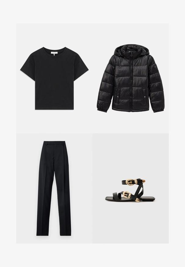 Black quilted puffer jacket with hood, zip closure, snap-button pockets, elastic cuffs, and logo patch on the left sleeve.; Black cropped t-shirt made of cotton, featuring a round neckline, short sleeves, and a simple design with no patterns or embellishments.; Black trousers made from smooth fabric featuring a high waist, wide legs, front pleats, and classic belt loops. No side pockets visible.; Black leather sandals with gold buckle accents, featuring multiple straps and a flat sole design for open-toe wear.