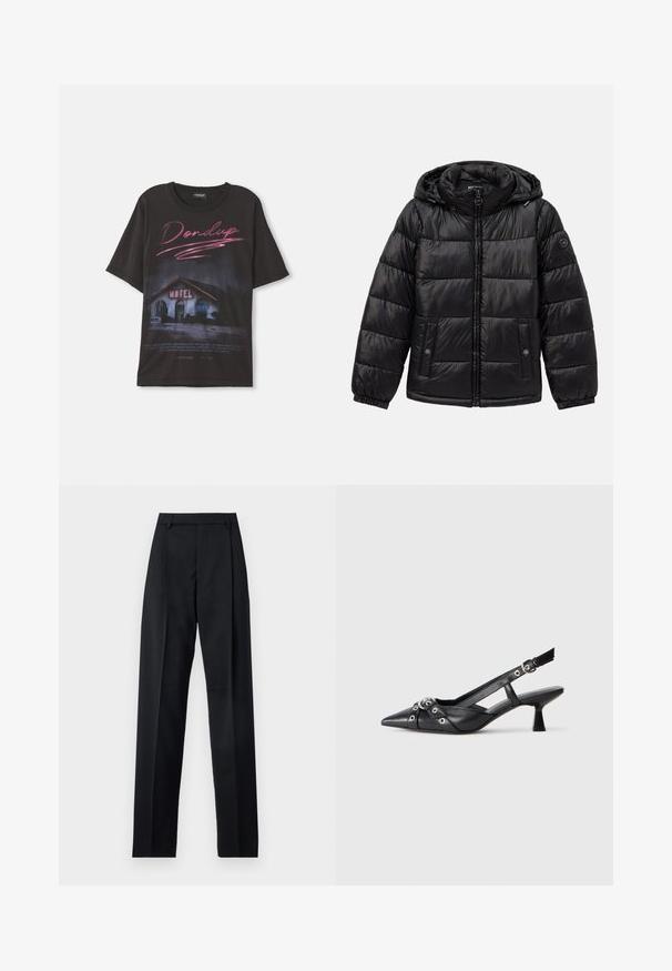 Black quilted puffer jacket with hood, zip closure, snap-button pockets, elastic cuffs, and logo patch on the left sleeve.; Black cotton T-shirt featuring a graphic of a motel scene with "Dondup" text in pink, oversized fit, no additional embellishments.; Black trousers made from smooth fabric featuring a high waist, wide legs, front pleats, and classic belt loops. No side pockets visible.; Black leather slingback shoe with a pointed toe, decorative straps featuring metal eyelets, and a low block heel. Textured surface.