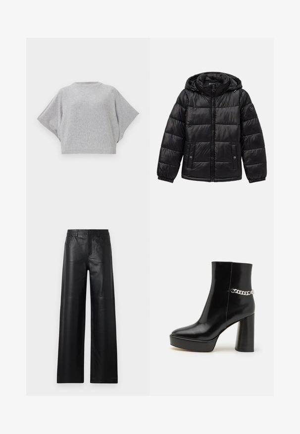 Sort, quiltet pufferjakke med hætte, lynlås lukning, snap-knap lommer, elastiske manchetter, og logo patch på venstre ærme.; Grå strikket pullover med korte, brede ærmer, rund halsudskæring og ribbet kant. Blød tekstur, afslappet pasform, alsidigt design.; Bredde ben sorte læderbukser med en glat tekstur, der har frontlommer, knaplukning og subtile syninger.; Sorte lakerede ankelstøvler med en kraftig platform og høj blokhæl. Har en sølv kædeaccent på siden. Glat tekstur.