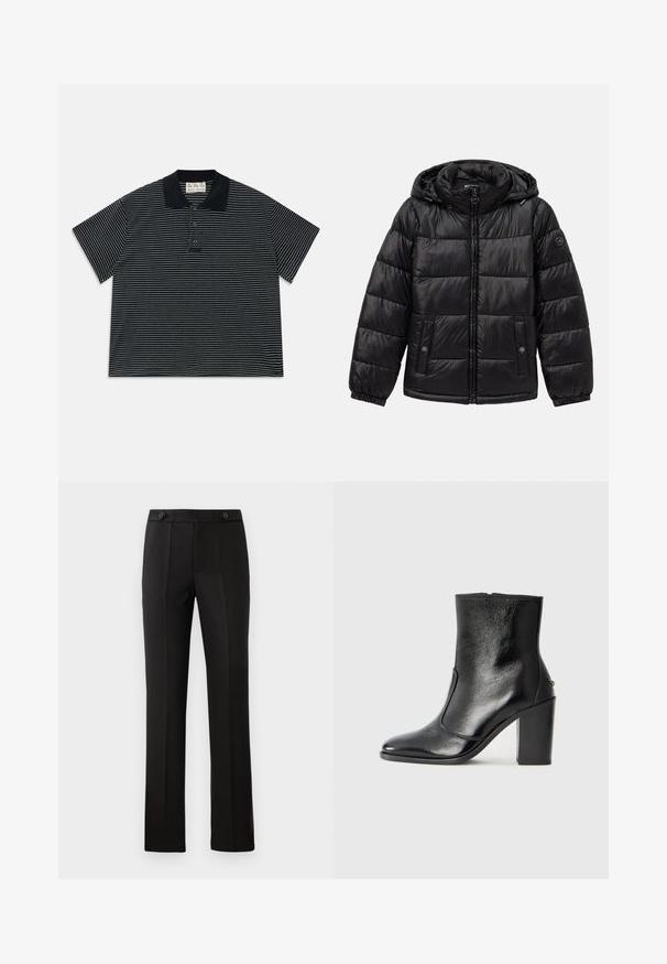 Crna jakna s kvačicama, s kapuljačom, zatvaranjem na patentni zatvarač, džepovima na dugmad, elastičnim manžetama i logotipom na lijevom rukavu.; Crna polu-majica kratkih rukava s tankim bijelim horizontalnim prugama i tri gumba sprijeda, s crnim ovratnikom i oznakom od tkanine unutar vrata.; Crne krojene hlače ravnog kroja, s dva prednja džepa, dugmetom za zatvaranje i pregibima sprijeda. Glatka tekstura tkanine.; Crna kožna čizma do gležnjeva s glatkom teksturom, špicastim vrhom i debelim visokim potpeticama. Ima bočni otvor i minimalistički dizajn.