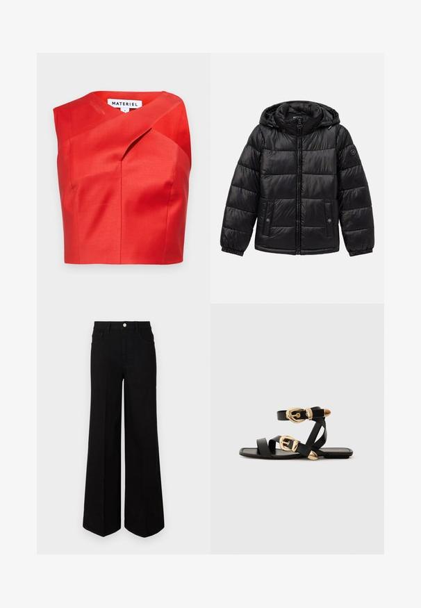 Fekete steppelt puffermellény kapucnival, cipzáros záródással, patentos zsebekkel, elasztikus mandzsettákkal és logóval a bal ujjon.; Piros, rövidített top egyedi aszimmetrikus nyakkivágással, sima anyagból készült. Diszkrét redők jellemzik, látható záródás nélkül.; Fekete, bő szárú farmernadrág, strapabíró anyagból készült, magas derékkal, elülső zsebekkel és elöl gombos záródással. Lapos szegély az alján.; Fekete bőr szandál arany csattal, több hevederrel és lapos talpú dizájnnal, nyitott lábujjú viselethez.