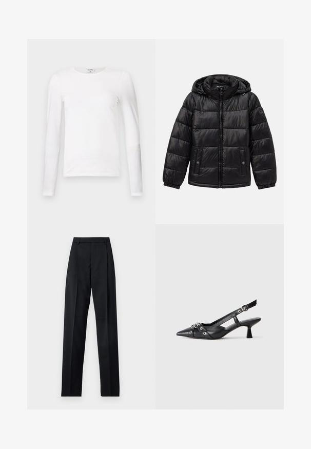 Schwarze, gesteppte Daunenjacke mit Kapuze, Reißverschluss, Druckknopf-Taschen, elastischen Bündchen und Logo-Patch am linken Ärmel.; Weißes Langarm-T-Shirt aus weicher Baumwolle, mit rundem Halsausschnitt und schmalem Schnitt, sauberen Nähten und ohne sichtbare Muster.; Schwarze Hosen aus glattem Stoff mit hoher Taille, weitem Bein, vorderen Falten und klassischen Gürtelschlaufen. Keine sichtbaren Seitentaschen.; Schwarzer Leder-Slingback-Schuh mit spitz zulaufender Zehenpartie, dekorativen Riemen mit METALLÖSEN und niedrigem Blockabsatz. Strukturelle Oberfläche.