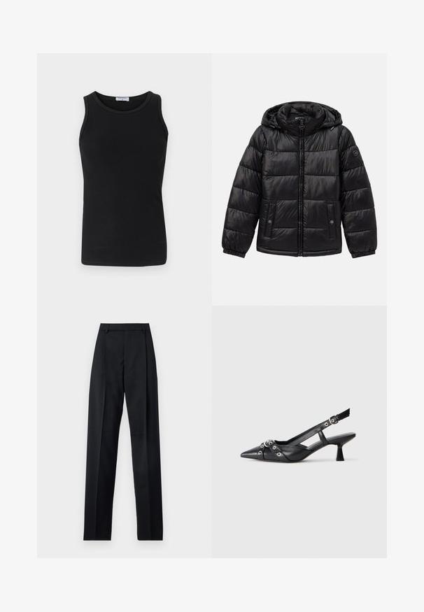 Fekete steppelt puffermellény kapucnival, cipzáros záródással, patentos zsebekkel, elasztikus mandzsettákkal és logóval a bal ujjon.; Fekete bordázott trikó, kerek nyakkivágással és ujjatlan kialakítással. Stretch szövetből készült, formázott sziluettjével és tiszta széleivel.; Fekete nadrág sima anyagból, magas derékkal, széles lábakkal, elülső redőkkel és klasszikus övhurkokkal. Oldalzsebek nem láthatók.; Fekete bőr slingback cipő hegyes orral, dekoratív pántokkal, fém szemekkel és alacsony blokk sarkú. Texturált felület.