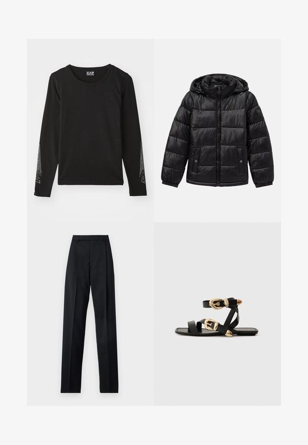 Juodas siuvinėtas pūkinis švarkas su kauke, užtrauktuku, spaudėmis kišenėmis, elastingomis rankogaliais ir logotipo aplikacija kairiajame rankove.; Juodas ilgomis rankovėmis marškinėliai, pagaminti iš minkštos medžiagos, su apvaliu iškirptė ir sidabriniais papuošimais palei rankoves gradientiniu raštu.; Juodos kelnės iš lygaus audinio, pasižyminčios aukštu liemeniu, plačiomis kojomis, priekinėmis klostėmis ir klasikiais diržo kilpomis. Šoninių kišenių nematyti.; Juodos odinės šlepetės su auksiniais sagtelėmis, turinčios daugybę dirželių ir plokščią padą, skirtos atviriems pirštams.