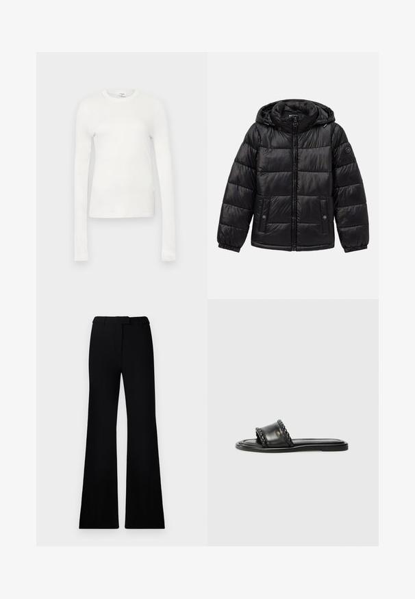 Zwarte gewatteerde pufferjack met capuchon, ritssluiting, drukknoopzakken, elastische manchetten en logo-opdracht op de linkermouw.; Witte langemouwen t-shirt gemaakt van zachte katoen. Heeft een ronde hals, aansluitende pasvorm en een gladde textuur. Geen patronen of accenten.; Zwarte uitlopende broek met een soepele textuur, een op maat gemaakte tailleband en voorzakken, ontworpen met een elegante, moderne silhoeët.; Zwarte leren sandaal met een geweven riemdetail, platte zool en een strak ontwerp. Gladde textuur en minimalistisch profiel.