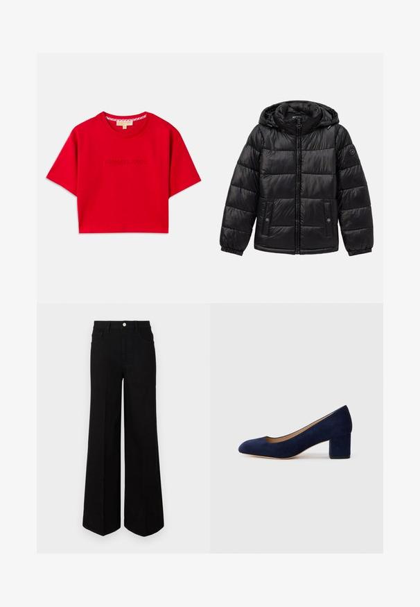 Black quilted puffer jacket with hood, zip closure, snap-button pockets, elastic cuffs, and logo patch on the left sleeve.; Red cropped t-shirt made of cotton, featuring a ribbed crew neckline and embossed "MICHAEL KORS" logo across the front. Short sleeves.; Black wide-leg jeans made of sturdy fabric, featuring a high waist, front pockets, and a front button closure. Flat hem at the bottom.; Navy blue suede pump with a pointed toe and a mid-height block heel. Smooth texture with a subtle sheen and a small cutout at the front.