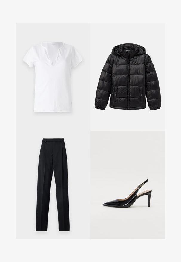 Czarna pikowana kurtka puchowa z kapturem, zamek błyskawiczny, kieszenie zapinane na napy, elastyczne mankiety oraz naszywka z logo na lewym rękawie.; Biała bawełniana koszulka z krótkim rękawem, luźny krój i dekolt w kształcie litery V z plisą ozdobioną pięcioma guzikami.; Czarne spodnie wykonane z gładkiego materiału, z wysokim stanem, szerokimi nogawkami, fałdami z przodu i klasycznymi szlufkami na pasek. Brak widocznych kieszeni bocznych.; Czarne lakierowane szpilki typu slingback z szpiczastym noskiem, smukłym obcasem i subtelnym wycięciem. Posiadają złotą klamrę na pasku.