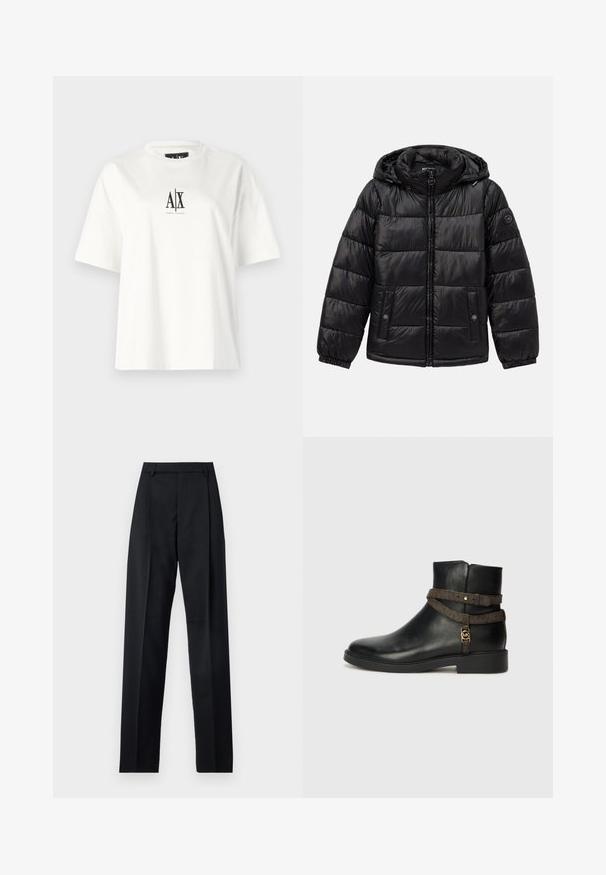 Chaqueta de plumas acolchada negra con capucha, cierre de cremallera, bolsillos con botón a presión, puños elásticos y parche de logo en la manga izquierda.; Camiseta de algodón blanca con mangas cortas, un corte relajado y un estampado de logo negro en el centro del frente. Textura suave, sin patrones adicionales.; Pantalones negros de tela suave con cintura alta, piernas amplias, pliegues frontales y lazos de cinturón clásicos. No hay bolsillos laterales visibles.; Botín de cuero negro hasta el tobillo con suela plana, que presenta una correa de diseño marrón y detalles de herrajes en tono dorado. Textura suave.