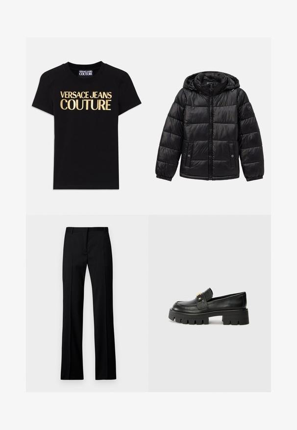 Svart quilted puffer-jakke med hette, glidelås foran, knapp-lukking lommer, elastiske mansjetter og en logo-patch på venstre erme.; Svart bomull t-skjorte med "VERSACE JEANS COUTURE" i store gullbokstaver på forsiden, kort ermer og rund hals.; Svarte rettloved bukser i glatt stoff, med flat front, beltefester og ingen synlige lommer eller utsmykninger.; Sorte skinnloafers med en kraftig såle, med en gulltoneakcent foran og en jevn finish. Kraftig mønsterdesign på sålen.
