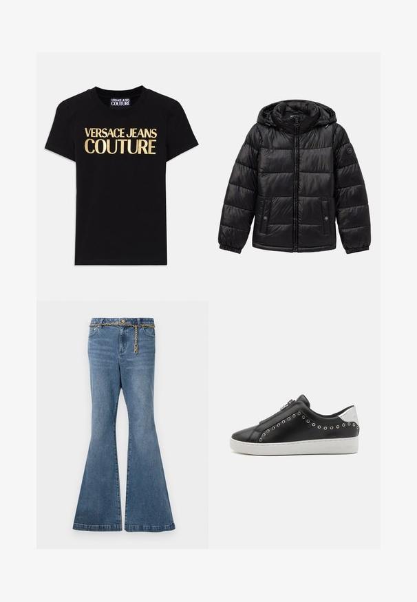 Casaco puffer acolchoado preto com capuz, fecho de zip, bolsos com botão de pressão, punhos elásticos e patch de logótipo na manga esquerda.; T-shirt de algodão preto com a inscrição "VERSACE JEANS COUTURE" em grandes letras douradas na frente, mangas curtas e decote redondo.; Calças de ganga azul flare em denim de lavagem média, com um detalhe em corrente dourada na cintura e design padrão de cinco bolsos.; Sneakers de couro preto com sola de borracha branca, fecho lateral em zíper e detalhes em ilhós metálicos. Acento prateado no calcanhar com a marca.