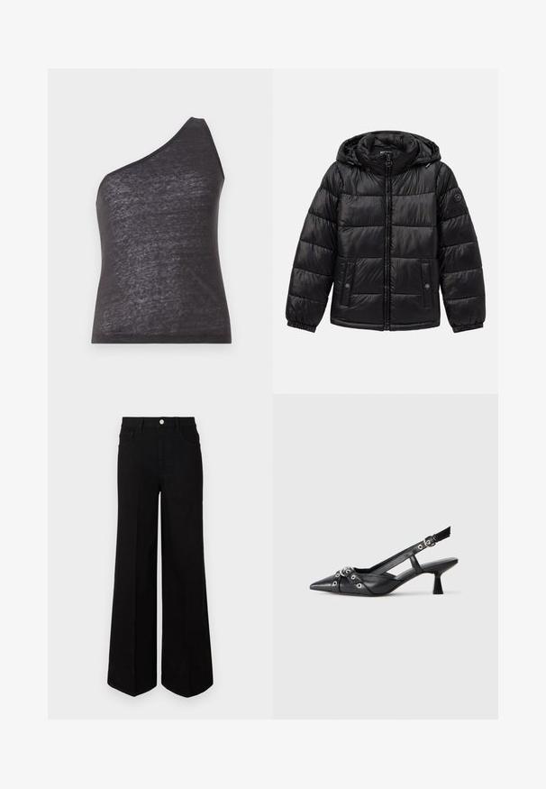 Giacca a vento può nera con trapuntatura, cappuccio, chiusura con zip, tasche con bottoni a pressione, polsini elasticizzati e patch con logo sulla manica sinistra.; Top senza maniche asimmetrico nero con una sola spallina, realizzato in tessuto morbido e leggermente trasparente, caratterizzato da una silhouette aderente e una texture liscia.; Jeans neri a gamba larga realizzati in tessuto resistente, con vita alta, tasche frontali e chiusura con bottone anteriore. Orlo piatto sul fondo.; Scarpa slingback nera in pelle con punta affusolata, cinturini decorativi con occhielli metallici e tacco basso a blocco. Superficie testurizzata.