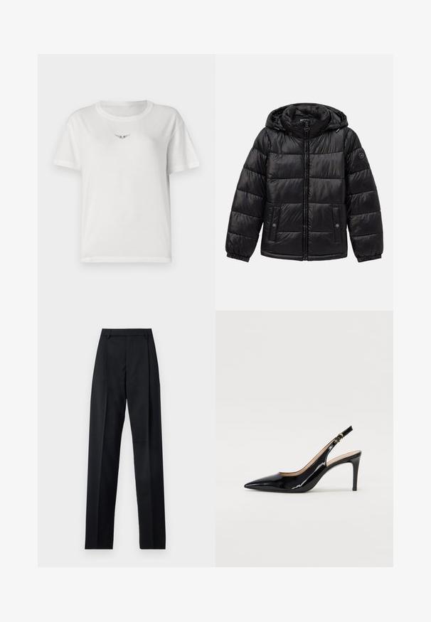 Sort, quiltet pufferjakke med hætte, lynlås lukning, snap-knap lommer, elastiske manchetter, og logo patch på venstre ærme.; Hvid bomulds t-shirt med korte ærmer, der har et lille sort vinge-design på brystet og en klassisk rund halsudskæring.; Sorte bukser lavet af glat stof, der har høj talje, brede ben, frontfolder og klassiske bælteløkker. Ingen synlige sidelommer.; Sort patenteret læder slingback stiletto med spids tå, slank hæl og et subtilt udskæringsdesign. Har en gylden spænde på remmen.