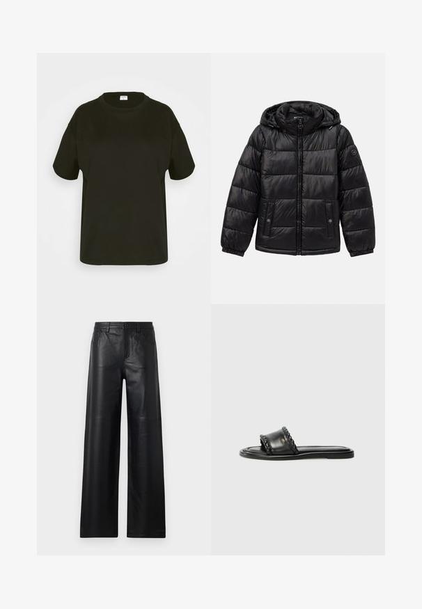 Mustmustarist kašmirist kraavi jakk kapuutsiga, lukuga sulgemine, nööbiga taskud, elastsed mansetid ja logo lipik vasakul varrukal.; Sile must näkk-jõheline T-särk, mis on valmistatud siledast puuvillast, omab ümberringi kaela ja vabalt lasuvat lõiget, millel on õmblusteta õlad. Pole nähtavaid mustreid ega kaunistusi.; Laiad mustad nahkpüksid siledast tekstuurist, esi-taskute, nööbiga sulgemise ja peente õmblusdetailidega.; Mustmust nagu nahast sandaalid, millel on kootud rihm, lame tall, ja Nub kerge disain. Sile tekstuur ja minimalistlik profiil.