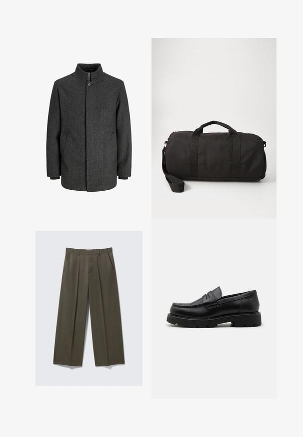 Cappotto grigio a spina di pesce con colletto alto, chiusura con zip e bottoni, tasche laterali e polsini in maglia. Tessuto testurizzato con un design classico.; Camicia bianca a maniche lunghe con bottoni, colletto e taschino sul petto, esposta su uno sfondo chiaro e uniforme.; T-shirt nera in cotone con collo rotondo, maniche corte e un logo ovale texturizzato in una tonalità più scura sul petto. Etichetta rossa del marchio sul colletto.; Pantaloni a gamba larga in verde oliva, realizzati in tessuto morbido. Presentano tasche anteriori, un risvolto piatto e pieghe cucite per una struttura definita.; Mocassini in pelle nera con punta arrotondata, dettagli testurizzati sul davanti e una suola in gomma spessa con scanalature per una maggiore aderenza.; Borsa duffle nera realizzata in tessuto resistente, dotata di due manici superiori, una tracolla staccabile e una forma liscia e arrotondata.