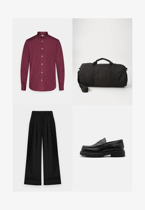 Grau karierten Mantel mit hohem Kragen, Reißverschluss- und Knopfverschluss, seitlichen Taschen und gestrickten Bündchen. Strukturierter Stoff mit klassischem Design.; Burgunderfarbenes langärmliges Hemd aus Baumwolle mit klassischem Kragen, weißen Knöpfen und abgerundetem Saum. Glatte Textur, taillierte Passform.; Schwarz karierte weite Hosen mit Falten, die eine glatte Textur und ein klassisches Design bieten. Leichter Stoff für Komfort.; Schwarze Lederloafers mit abgerundetem Zehenbereich, strukturierten Akzenten an der Vorderseite und einer stabilen Gummisohle mit Rillen für besseren Halt.; Schwarze Reisetasche aus strapazierfähigem Material, ausgestattet mit zwei oberen Tragegriffen, einem abnehmbaren Schultergurt und einer glatten, abgerundeten Form.