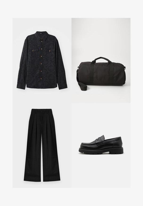 Szürke halászmintás kabát magas gallérral, cipzáras és gombos záródással, oldalsó zsebekkel és kötött mandzsettákkal. Texturált anyag klasszikus kialakítással.; Hosszú ujjú fekete ing texturált mintával, két mellzsebbel és barna gombokkal az elől gombos záródásnál. Galléros kivitel.; Fekete pamut póló kerek nyakkal, rövid ujjakkal és a mellkason található, sötétebb árnyalatú, texturált ovális logóval. Piros márkacímke a nyaknál.; Fekete kockás, bő szabású nadrág, pliszírozott részletekkel, sima textúrával és klasszikus dizájnnal. Könnyű anyag a kényelem érdekében.; Fekete bőr loafer cipők lekerekített orral, texturált díszítéssel az elején, és vastag gumitalppal, amely barázdákkal van ellátva a tapadás érdekében.; Fekete sporttáska tartós anyagból, két felső fogantyúval, levehető vállpánttal és sima, kerek formával.