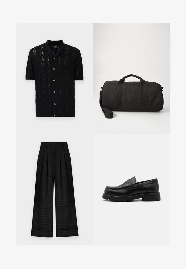 Γκρίζο παλτό σε σχέδιο ψαροκόκαλο με ψηλό γιακά, κλείσιμο με φερμουάρ και κουμπιά, πλαϊνές τσέπες και πλεκτές μανσέτες. Υφαντό ύφασμα με κλασικό σχέδιο.; Μαύρο κοντομάνικο πλεκτό κα cardigan με κυματιστό σχέδιο, κλείσιμο με κουμπί και κλασικό γιακά. Υφασμάτινη υφή, ελαφριά.; Μαύρο καρό παντελόνι με φαρδιά πόδια και πτυχώσεις, με λείο υφή και κλασικό σχέδιο. Ελαφρύ ύφασμα για άνεση.; Μαύρες δερμάτινες λόφες με στρογγυλή μύτη, υφή μπροστά και χοντρή καουτσούκ σόλα με αυλακώσεις για πρόσφυση.; Μαύρη τσάντα duffel από ανθεκτικό ύφασμα, με δύο λαβές στην κορυφή, αποσπώμενος ιμάντας ώμου και ομαλή, στρογγυλή μορφή.
