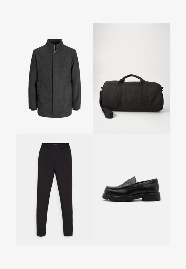 Gray herringbone coat with a high collar, zip and button closure, side pockets, and knit cuffs. Textured fabric with a classic design.; Black cotton t-shirt featuring a round neck, short sleeves, and a textured oval logo in a darker shade at the chest. Red brand label on neckline.; White long-sleeve button-up shirt with a collar and chest pocket, displayed on a plain light background.; Black tapered pants with an elastic waistband, made from a smooth, lightweight fabric, featuring no visible patterns or hardware details.; Black leather loafers with a rounded toe, textured accents on the front, and a chunky rubber sole with grooves for traction.; Black duffel bag made of durable fabric, featuring two top handles, a detachable shoulder strap, and a smooth, rounded shape.