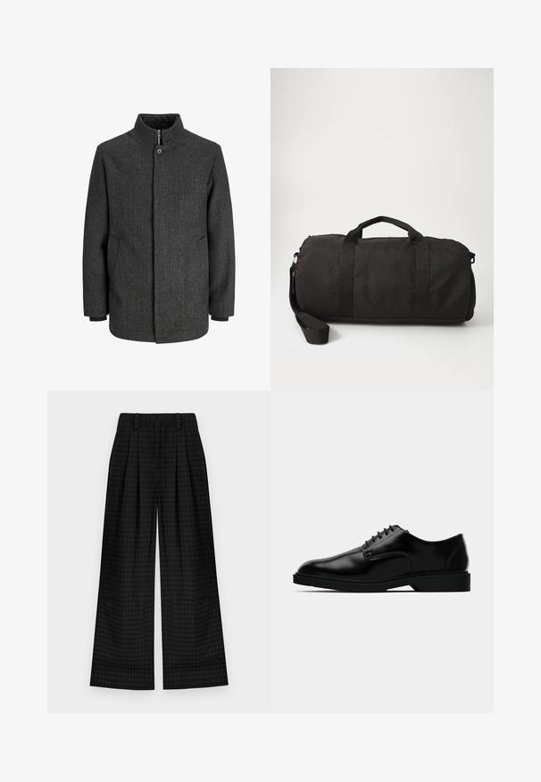 Grå hjerteformet frakke med høj krave, zip- og knaplukning, sidelommer og strikkede manchetter. Tekstileret stof med et klassisk design.; Sort bomulds T-shirt med rund hals, korte ærmer og et tekstureret ovalt logo i en mørkere nuance på brystet. Rød mærkeetiket på halsudskæringen.; Sorte ternede brede bukser med læg, der har en glat tekstur og klassisk design. Letvægtsstof for komfort.; Sorte læder dress sko med en glat finish, rund tå, snørebåndsdesign og diskret gummisål for godt greb.; Sort duffelbag lavet af slidstærkt stof, med to top-håndtag, en aftagelig skulderrem og en glat, rund form.