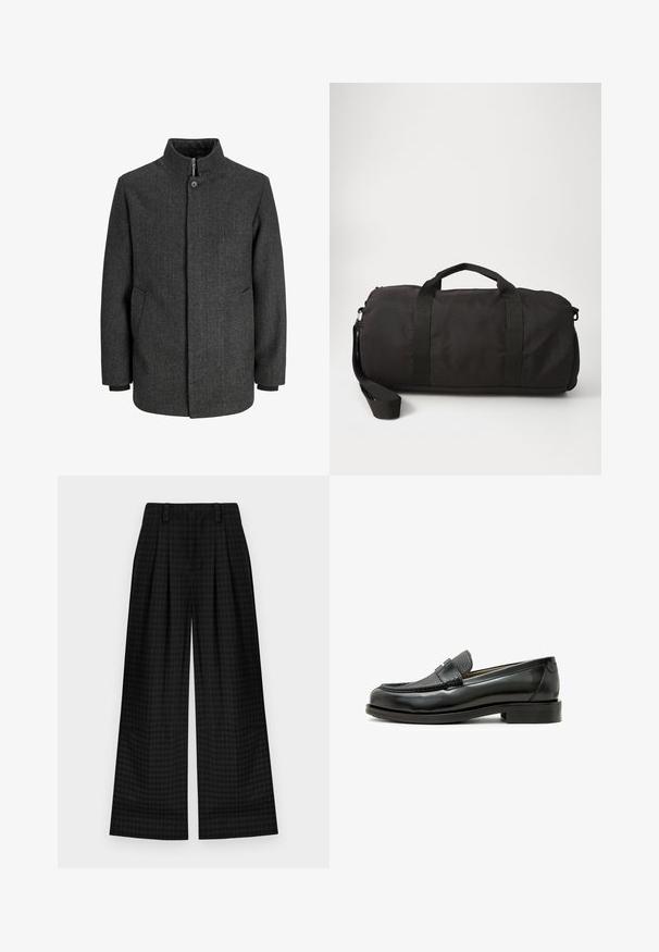 Šedý kabát s herringbone vzorem, vysokým límcem, zipem a knoflíkovým zapínáním, bočními kapsami a pletenými manžetami. Texturovaná tkanina s klasickým designem.; Černé bavlněné tričko s kulatým výstřihem, krátkými rukávy a texturovaným oválným logem v tmavším odstínu na hrudi. Červená značka na límci.; Černé kostkované kalhoty s širokými nohavicemi a sklady, s hladkým povrchem a klasickým designem. Lehká tkanina pro pohodlí.; Černé kožené mokasíny s texturovaným černým koženým akcentem, zaoblenou špičkou a nízkým blokovým podpatkem; zahrnují dekorativní kovový prvek.; Černá sportovní taška vyrobená z odolné látky, s dvěma horními uchy, odnímatelným ramenním popruhem a hladkým, zaobleným tvarem.