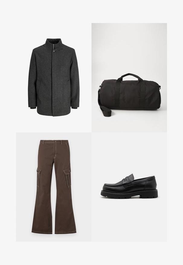 Siv šal s ribjo kostjo z visokim ovratnikom, zadrgo in gumbom za zapiranje, stranskimi žepi in pletenimi manšeti. Teksturna tkanina s klasičnim oblikovanjem.; Črna bombažna majica s kratkimi rokavi, okroglim izrezom in teksturiranim ovalnim logotipom v temnejši odtenku na prsih. Rdeča oznaka blagovne znamke na izrezu.; Rjave cargo hlače s razširjenimi nogavicami, ki vsebujejo stranske žepke, bele šive in kovinsko zapiranje na gumb.; Črne usnjene mokasine s zaobljenim nosom, teksturiranimi detajli spredaj in debelim gumijastim podplatom z žlebovi za oprijem.; Črna torba iz trpežnega blaga, ki vsebuje dve vrhnji ročaji, odstranljivo naramnico in gladko, zaobljeno obliko.