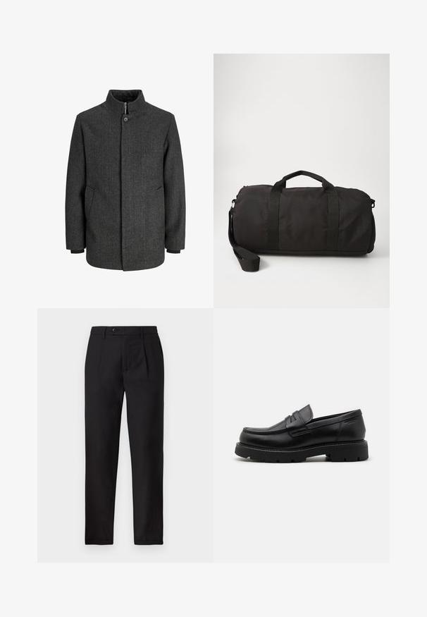 Gray herringbone coat with a high collar, zip and button closure, side pockets, and knit cuffs. Textured fabric with a classic design.; Black cotton t-shirt featuring a round neck, short sleeves, and a textured oval logo in a darker shade at the chest. Red brand label on neckline.; Black trousers made from textured fabric, featuring a straight-leg cut, front pleats, and a single button closure at the waist.; Black leather loafers with a rounded toe, textured accents on the front, and a chunky rubber sole with grooves for traction.; Black duffel bag made of durable fabric, featuring two top handles, a detachable shoulder strap, and a smooth, rounded shape.