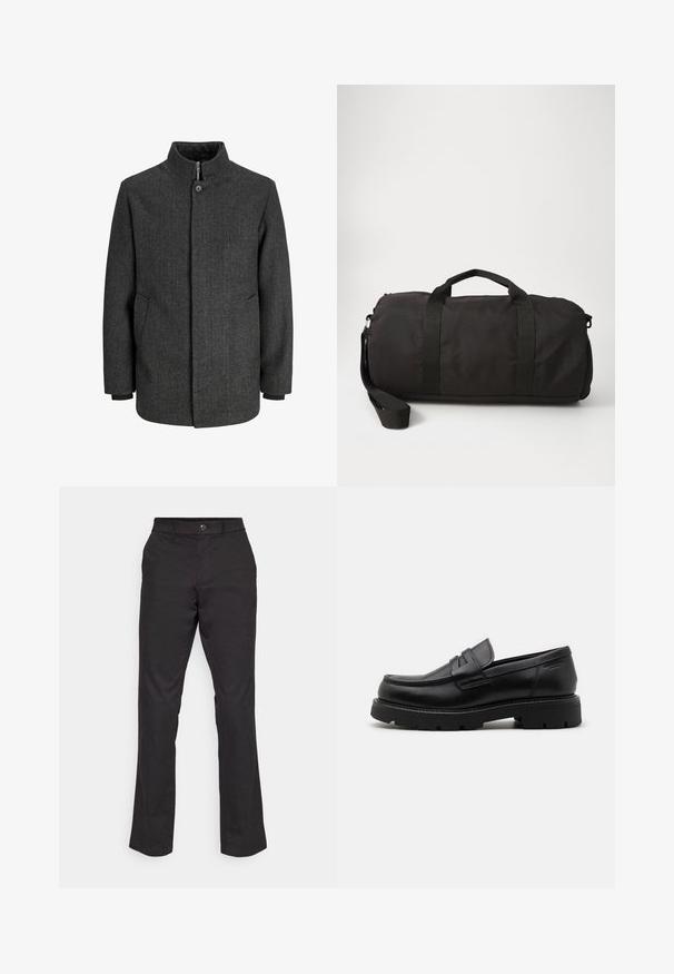 Gray herringbone coat with a high collar, zip and button closure, side pockets, and knit cuffs. Textured fabric with a classic design.; Black cotton t-shirt featuring a round neck, short sleeves, and a textured oval logo in a darker shade at the chest. Red brand label on neckline.; GAP STRAIGHT PERFORMANCE - Trousers - true black; Black leather loafers with a rounded toe, textured accents on the front, and a chunky rubber sole with grooves for traction.; Black duffel bag made of durable fabric, featuring two top handles, a detachable shoulder strap, and a smooth, rounded shape.