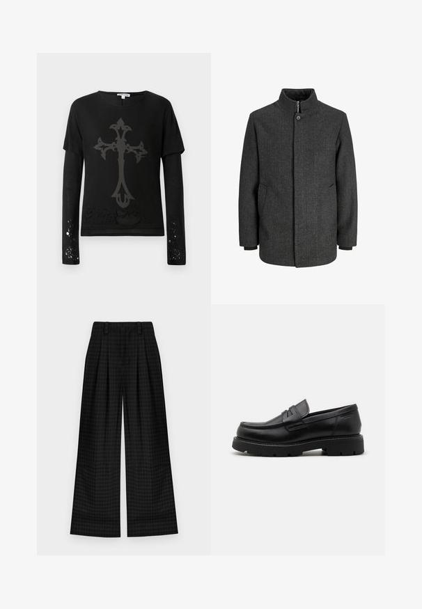 Grau karierten Mantel mit hohem Kragen, Reißverschluss- und Knopfverschluss, seitlichen Taschen und gestrickten Bündchen. Strukturierter Stoff mit klassischem Design.; Schwarzes Langarmshirt mit kurzer Überlagerung, das ein großes graues Kreuzdesign und abgenutzte Akzente am Saum und an den Ärmeln aufweist.; Schwarz karierte weite Hosen mit Falten, die eine glatte Textur und ein klassisches Design bieten. Leichter Stoff für Komfort.; Schwarze Lederloafers mit abgerundetem Zehenbereich, strukturierten Akzenten an der Vorderseite und einer stabilen Gummisohle mit Rillen für besseren Halt.