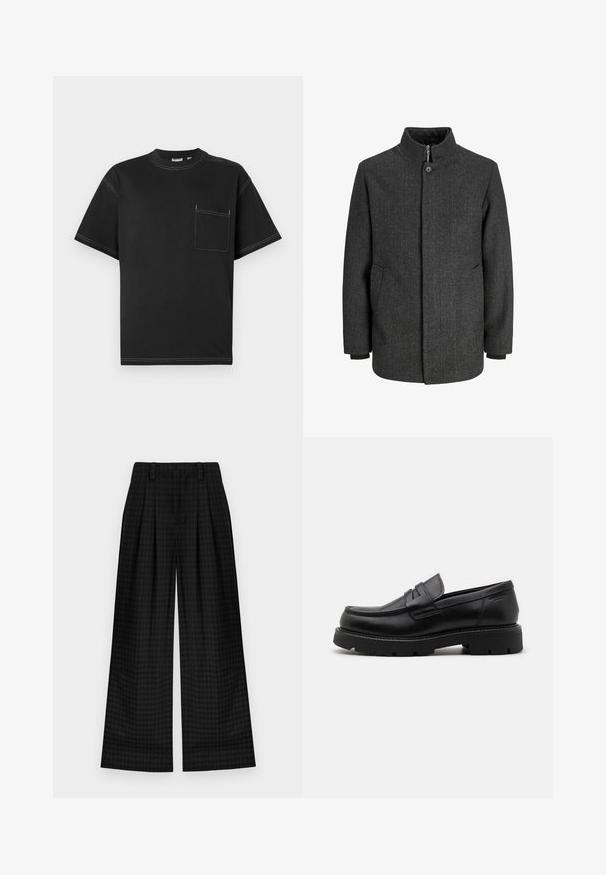 Šedý kabát v rybí kostě s vysokým golierom, zapínaním na zips a gombíky, bočnými vreckami a úpletovými manžetami. Textúrovaná tkanina s klasickým dizajnom.; Čierne tričko s krátkym rukávom vyrobené z bavlny, s vreckom na ľavej strane hrude, kontrastným bielym prešívaním a okrúhlym výstrihom.; Čierne kárované nohavice s širokými nohavicami a skladmi, s hladkou textúrou a klasickým dizajnom. Ľahký materiál pre pohodlie.; Čierne kožené mokasíny s okrúhlou špičkou, textúrovanými akcentmi na prednej časti a masívnou gumovou podrážkou so drážkami pre lepšiu trakciu.
