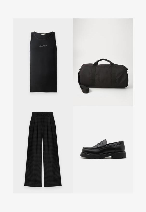 Siv šal s ribjo kostjo z visokim ovratnikom, zadrgo in gumbom za zapiranje, stranskimi žepi in pletenimi manšeti. Teksturna tkanina s klasičnim oblikovanjem.; Črn top brez rokavov iz rebraste tkanine. Ima okroglo izrez in majhen bel logotip "Originals Studio" na prsih.; Črne karirane hlače širokega kroja z gubami, ki se ponašajo z gladko teksturo in klasičnim dizajnom. Lahka tkanina za udobje.; Črne usnjene mokasine s zaobljenim nosom, teksturiranimi detajli spredaj in debelim gumijastim podplatom z žlebovi za oprijem.; Črna torba iz trpežnega blaga, ki vsebuje dve vrhnji ročaji, odstranljivo naramnico in gladko, zaobljeno obliko.