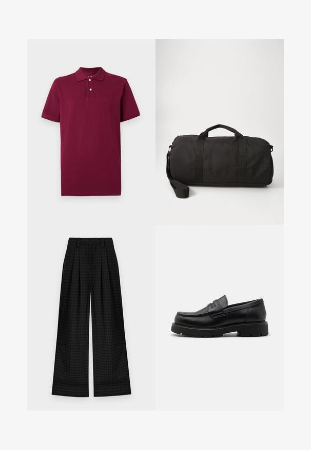 Hallhalli hallhalli mantel kõrge kraega, lukuga ja nupuga kinnitus, küljetaskud ja kudumisääred. Tekstureeritud kangas klassikalise disainiga.; Burgundia polo särk, mis on valmistatud puuvillast, kahe nööbiga kraega, lühikeste varrukatega ja tikandiga logoga rinnal.; Mustrite ruudulised laiad püksid, millel on pleidid, sujuva tekstuuri ja klassikaline disain. Kerge kangas mugavuseks.; Musta nahast loafer, millel on ümmargune varvas, tekstiilse accentidega esiküljel ja jäme kummist talla, millel on sooned haarde tagamiseks.; Must mustekott, mis on valmistatud vastupidavast kangast, kahe ülemise sangaga, eemaldatava õlarihmaga ja sujuva, ümar kuju.