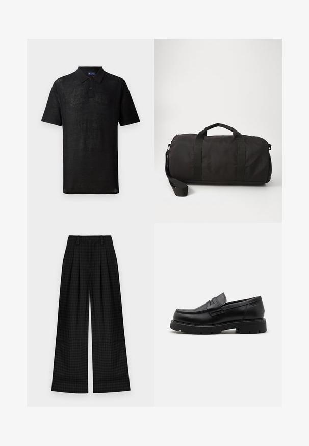 Cappotto grigio a spina di pesce con colletto alto, chiusura con zip e bottoni, tasche laterali e polsini in maglia. Tessuto testurizzato con un design classico.; Polo nero realizzato in tessuto a maglia testurizzato. Caratterizzato da maniche corte, colletto e placca con tre bottoni. Design leggero, vestibilità casual.; Pantaloni a gamba larga a scacchi neri con pieghe, caratterizzati da una texture liscia e un design classico. Tessuto leggero per il massimo comfort.; Mocassini in pelle nera con punta arrotondata, dettagli testurizzati sul davanti e una suola in gomma spessa con scanalature per una maggiore aderenza.; Borsa duffle nera realizzata in tessuto resistente, dotata di due manici superiori, una tracolla staccabile e una forma liscia e arrotondata.
