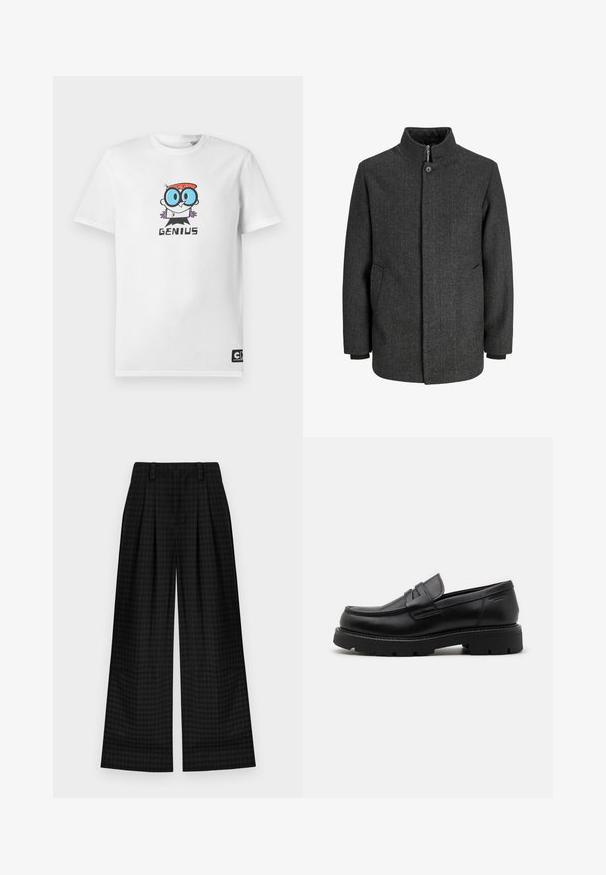 Gray herringbone coat with a high collar, zip and button closure, side pockets, and knit cuffs. Textured fabric with a classic design.; White T-shirt with a cartoon character wearing blue glasses and red hair above the word "GENIUS" on the chest, Cartoon Network label at hem.; Black checkered wide-leg trousers with pleats, featuring a smooth texture and classic design. Lightweight fabric for comfort.; Black leather loafers with a rounded toe, textured accents on the front, and a chunky rubber sole with grooves for traction.