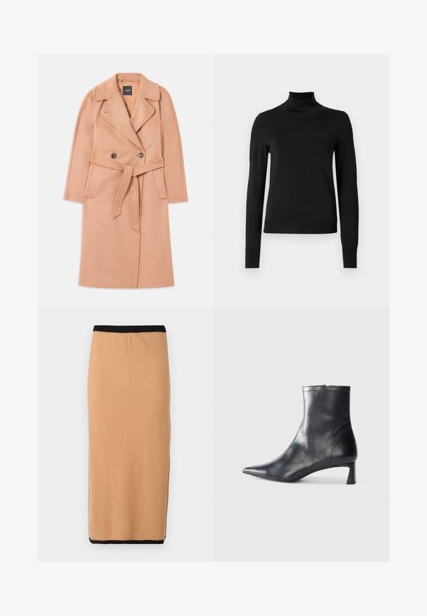 Meruňkový vlněný kabát s páskem v pase, dvojitým zapínáním, klopovým límcem a bočními kapsami. Hladká textura a přiléhavý střih.; Černý dlouhý rukáv rolák se žebrovanými manžetami a lemem, vystavený na čistě bílém pozadí.; Sukně do poloviny stehen v barvě velbloudí z pleteniny s černým elastickým pasem a hladkým povrchem. Jednoduchý design, bez viditelných vzorů nebo akcentů.; Černé kožené kotníkové boty s špičatou špičkou a elegantním designem. Mají nízký podpatek a zipové zapínání na zadní straně. Hladká textura.