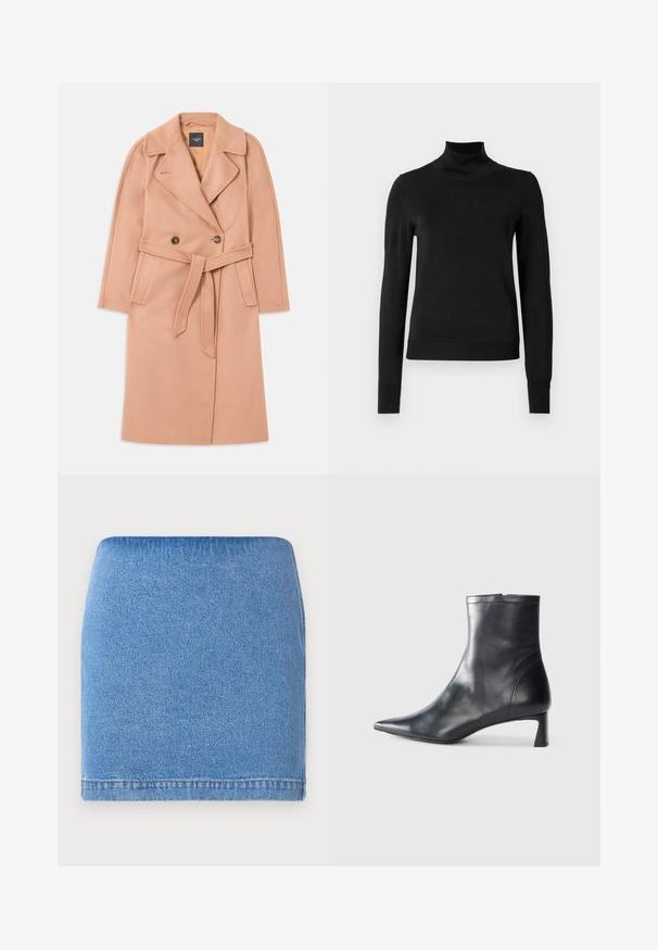 Palton din amestec de lână, de culoare piersică, cu talie accentuată printr-o curea, cu închidere dublă și guler cu rever, având buzunare laterale. Textură netedă și croială ajustată.; Pulover negru cu mânecă lungă și guler tip colier, cu manșete și tiv cu elastic, expus pe un fundal alb simplu.; Fustă mini din denim, de culoare albastră deschisă, cu un design ajustat, avere dreaptă și textură subtilă. Fără închideri vizibile sau buzunare.; Cizmă de gleznă din piele neagră cu vârf ascuțit și un design elegant. Dispune de un toc mic și de o închidere cu fermoar la spate. Textură netedă.