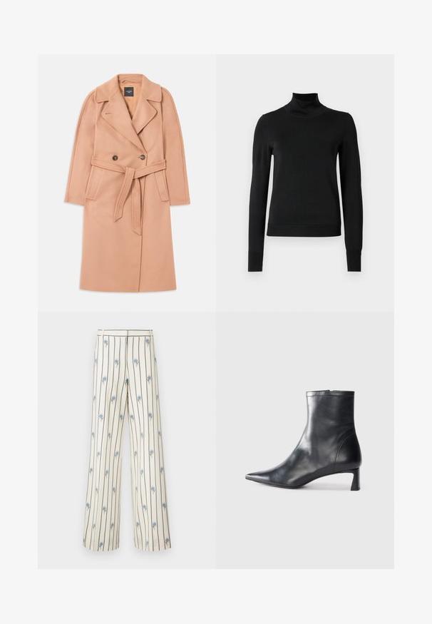 Barack színű gyapjú keverék kabát, övvel a deréknál, dupla gombos elejével, hajtókás gallérral és oldalsó zsebekkel. Sima textúrájú és testre szabott szabású.; Fekete, hosszú ujjú garbós pulóver bordás mandzsettákkal és aljjal, sima fehér háttér előtt bemutatva.; Krém színű, széles lábú nadrág sötét függőleges csíkokkal és apró kék virágos hímzéssel az egész felületen. A nadrág fazonja igényes derékpánttal rendelkezik.; Fekete bőr bokacsizma hegyes orral és letisztult dizájnnal. Alacsony sarka és hátsó cipzáras záródása van. Simának tűnő textúra.