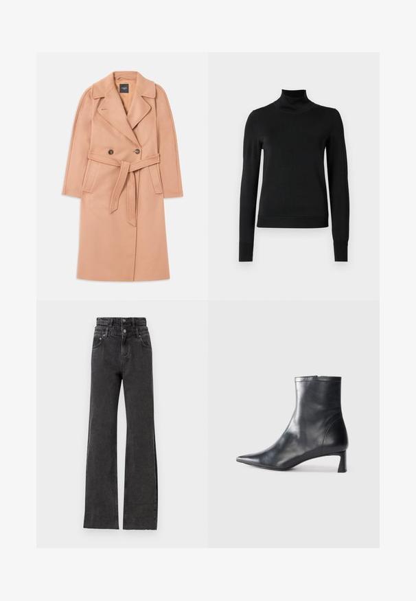 Persiku toni vilnas maisījuma mētelis ar jostu viduklī, dubultā pogu aizdare priekšā, apykakli un sānu kabatām. Gluda tekstūra un piemeklēta piegriezuma.; Melnas garām piedurknēm turtlenecks džemperis ar ribotām aprocēm un apakšmali, attēlots uz vienkārša balta fona.; Melnas augsta vidukļa džinses ar taisnu kāju dizainu, diskrētu nolietojumu un metāla pogu aksesuāriem jostā.; Melnas ādas potītes zābaki ar norādītu pirkstu un elegantu dizainu. Iezīmē zemu papēdi un rāvējslēdzēja aizdari aizmugurē. Gluda tekstūra.