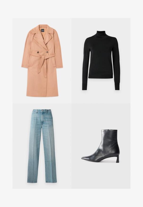 Meruňkový vlněný kabát s páskem v pase, dvojitým zapínáním, klopovým límcem a bočními kapsami. Hladká textura a přiléhavý střih.; Černý dlouhý rukáv rolák se žebrovanými manžetami a lemem, vystavený na čistě bílém pozadí.; Světle modré džínové kalhoty s vysokým pasem, rovnými nohavicemi, jemným vyblednutím, měděnými nýty a klasickým zapínáním na knoflík vepředu.; Černé kožené kotníkové boty s špičatou špičkou a elegantním designem. Mají nízký podpatek a zipové zapínání na zadní straně. Hladká textura.
