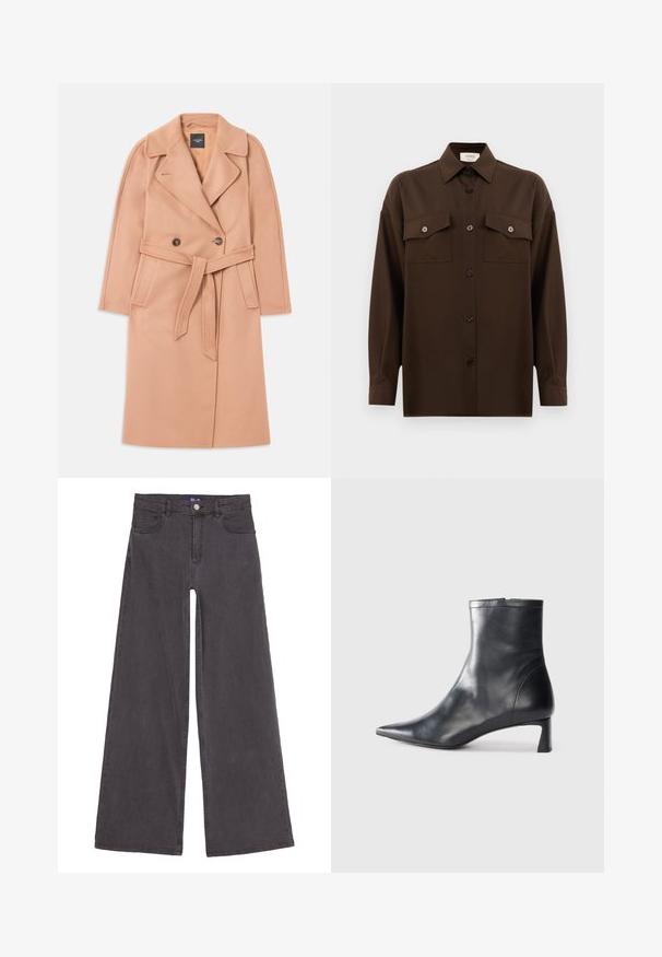 Persikkavärinen villasekoite takki, jossa on vyöllinen vyötärö, kaksirivinen nappilukko, lierikaulus ja sivutaskut. Sileä pinta ja muotoiltu istuvuus.; Tumma ruskea pitkähihainen napitettava paita, jossa on kaksi läpällistä rintataskua ja klassinen kaulus, esiteltynä yksinkertaista valkoista taustaa vasten.; Laihduttavat mustat farkut, valmistettu puuvillakankaasta. Varustettu viidellä taskulla, edessä nappikiinnitys ja suorilla saumoilla. Tasainen pinta.; Musta nahkainen nilkkabotti, jossa on teräväkärkinen muotoilu ja tyylikäs design. Varusteena matala korko ja takana vetoketjukiinnitys. Sileä pinta.