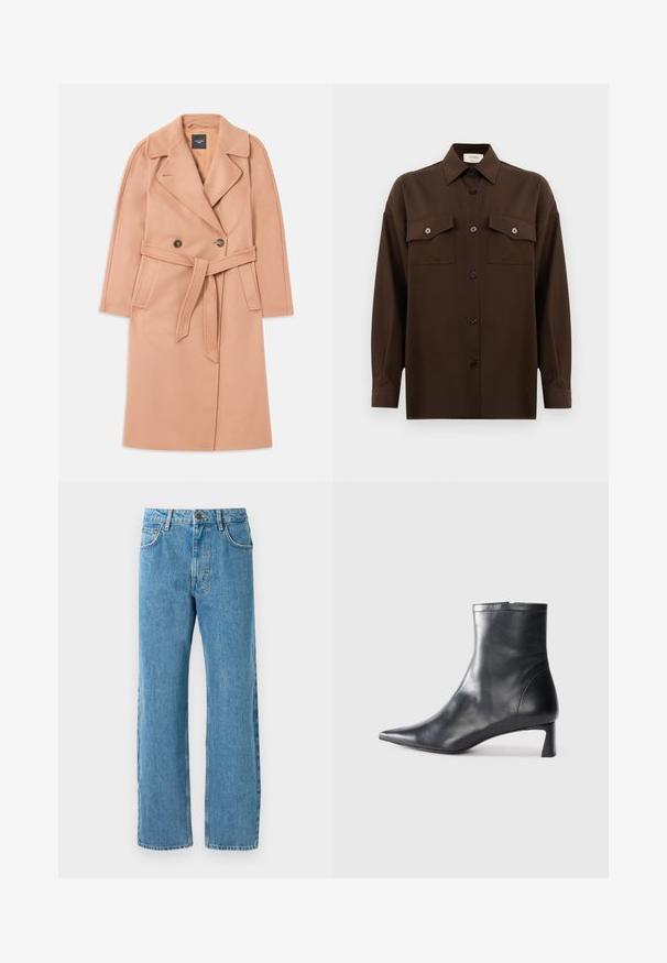 Barack színű gyapjú keverék kabát, övvel a deréknál, dupla gombos elejével, hajtókás gallérral és oldalsó zsebekkel. Sima textúrájú és testre szabott szabású.; Sötétbarna, hosszú ujjú, gombos ing, két zsebével a mellén és klasszikus gallérral, egyszerű fehér háttér előtt bemutatva.; Világoskék farmernadrág, laza fazonnal, magas derékkal, négy zsebbel és cipzáros záródással. Klasszikus öt zsebes kialakítás.; Fekete bőr bokacsizma hegyes orral és letisztult dizájnnal. Alacsony sarka és hátsó cipzáras záródása van. Simának tűnő textúra.