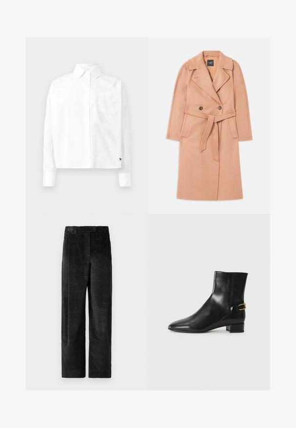 Nádychovo-modrý kabát z vlnenej zmesi s opaskom v páse, dvojité zapínanie, klopový golier a bočné vrecká. Hladká textúra a prispôsobený strih.; Biela dlhá košeľa s hodvábnymi rukávmi, so špicatým golierom, jednou náprsníkovou vreckom a manžetami. Vyrobená z hladkého, ľahkého materiálu.; Čierne, textúrované nohavice s širokými nohavicami a výrazným tkaním, s prednými skladmi a plochým pásom. Klasický dizajn pre všestrannosť.; Čierne kožené členkové topánky s špicatou špičkou, blokovým podpätkom a dekoračnou zlatou prackou na zadnej strane. Hladká textúra, minimalistický dizajn.