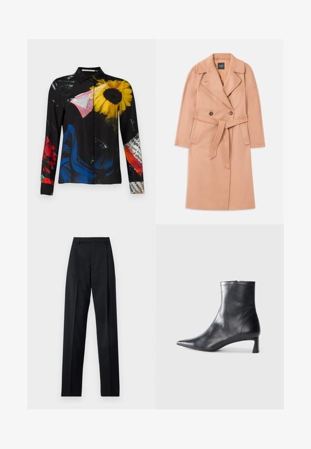 Peachfarvet uldblandingsfrakke med bælte i taljen, dobbeltknaplukning, reverskrave og sidelommer. Glat tekstur og tætsiddende pasform.; Sort bluse med et blomstermotiv med gule solsikker, røde blomster og blå accenter. Glat stof med krave og knaplukning.; Sorte bukser lavet af glat stof, der har høj talje, brede ben, frontfolder og klassiske bælteløkker. Ingen synlige sidelommer.; Sort læder ankelstøvle med spids tå og et strømlinet design. Har en lav hæl og en lynlås lukning bagpå. Glat tekstur.