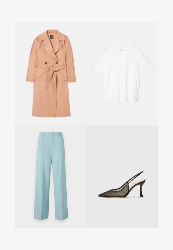 Peach-colored wool blend coat with a belted waist, double-breasted front, lapel collar, and side pockets. Smooth texture and tailored fit.; White cotton t-shirt with short sleeves, round neckline, relaxed fit, and stitched hem. Label visible on the inside neck.; Light blue, wide-leg trousers with a smooth texture, high waist, crisp pleats, and a tailored fit. No visible hardware or patterns.; Black slingback high-heeled shoe featuring a pointed toe, mesh detailing, and a smooth leather cap. Colors include black and beige accents.