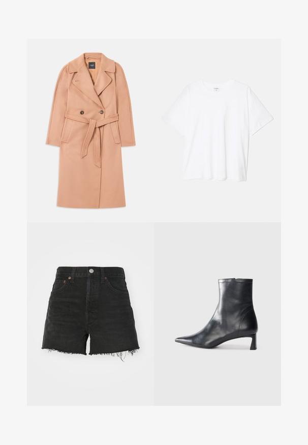 Peach-colored wool blend coat with a belted waist, double-breasted front, lapel collar, and side pockets. Smooth texture and tailored fit.; White cotton t-shirt with short sleeves, round neckline, relaxed fit, and stitched hem. Label visible on the inside neck.; Black denim shorts with a high waist, frayed hem, and copper-tone rivets. Features a classic five-pocket design and button closure.; Black leather ankle boot with a pointed toe and a sleek design. Features a low heel and a zipper closure at the back. Smooth texture.