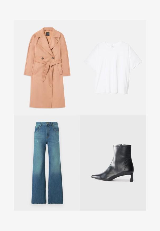 Cappotto in misto lana color pesca con vita cintrata, fronte doppiopetto, colletto a revers e tasche laterali. Texture liscia e vestibilità sagomata.; T-shirt bianco in cotone con maniche corte, scollo rotondo, vestibilità comoda e orlo cucito. Etichetta visibile all'interno del colletto.; Jeans in denim blu a zampa d'elefante con un gradiente di lavaggio chiaro, caratterizzati da un design a cinque tasche, passante con zip e dettaglio in ottone sulla vita.; Stivaletto in pelle nera con punta affusolata e design elegante. Presenta un tacco basso e una chiusura con zip sul retro. Texture liscia.