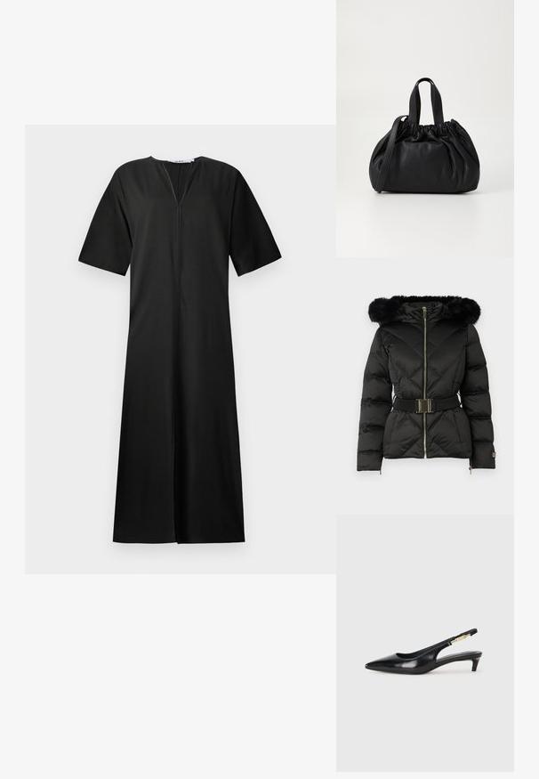 Μαύρο καπιτονέ μπουφάν με φερμουάρ μπροστά, ζώνη στη μέση, κουκούλα με φουντίτσα και φερμουάρ στους μανίκους.; Μαύρο φόρεμα με άνετη εφαρμογή, κοντά μανίκια, V-λαιμόκοψη και φερμουάρ μπροστά. Κατασκευασμένο από λείο ύφασμα με μήκος μέχρι το γόνατο.; Μαύρες δερμάτινες γόβες slingback με μυτερή μύτη, διαθέτοντας λεπτό τακούνι και χρυσή λεπτομέρεια στην ρυθμιζόμενη λωρίδα. Λείος υφές.; Μαύρη δερμάτινη τσάντα χειρός με σχεδίαση μαζεμένου κορυφής, διαθέτει δύο κοντές λαβές και μία μακριά ρυθμιζόμενη αλυσίδα. Λείος υφή, στρογγυλή μορφή.
