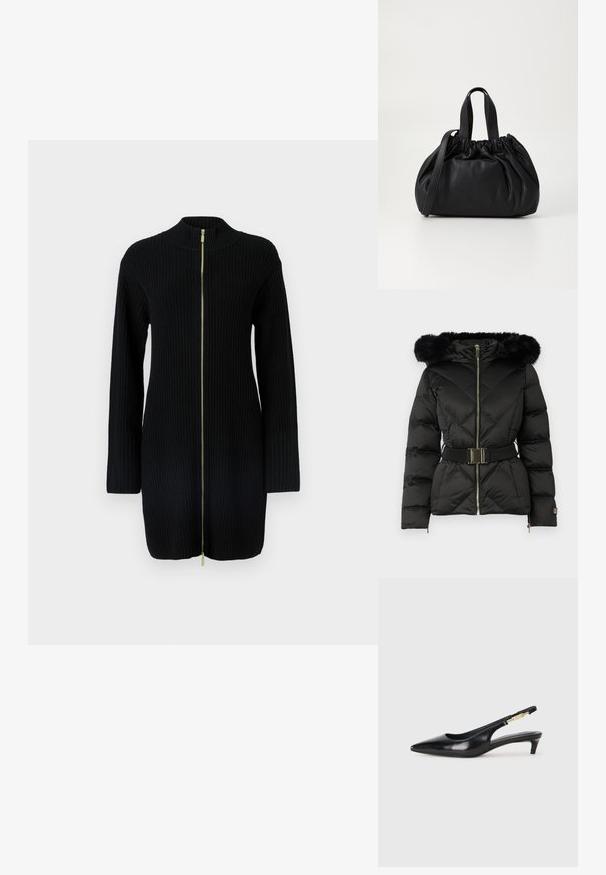 Casaco puffer acolchoado preto com fecho na frente, cintura com cinto, capuz com pelo e punhos com fecho em zíper nas mangas longas.; Cardigã preto canelado com mangas compridas, gola alta e fecho de correr frontal de comprimento total com puxador de zíper dourado contrastante.; Saltos slingback em couro preto com bico fino, apresentando um salto esguio e um detalhe em tom dourado na alça ajustável. Textura suave.; Bolsa de couro preta com um design de topo franzido, apresentando duas alças curtas e uma alça longa ajustável. Textura suave, formato arredondado.